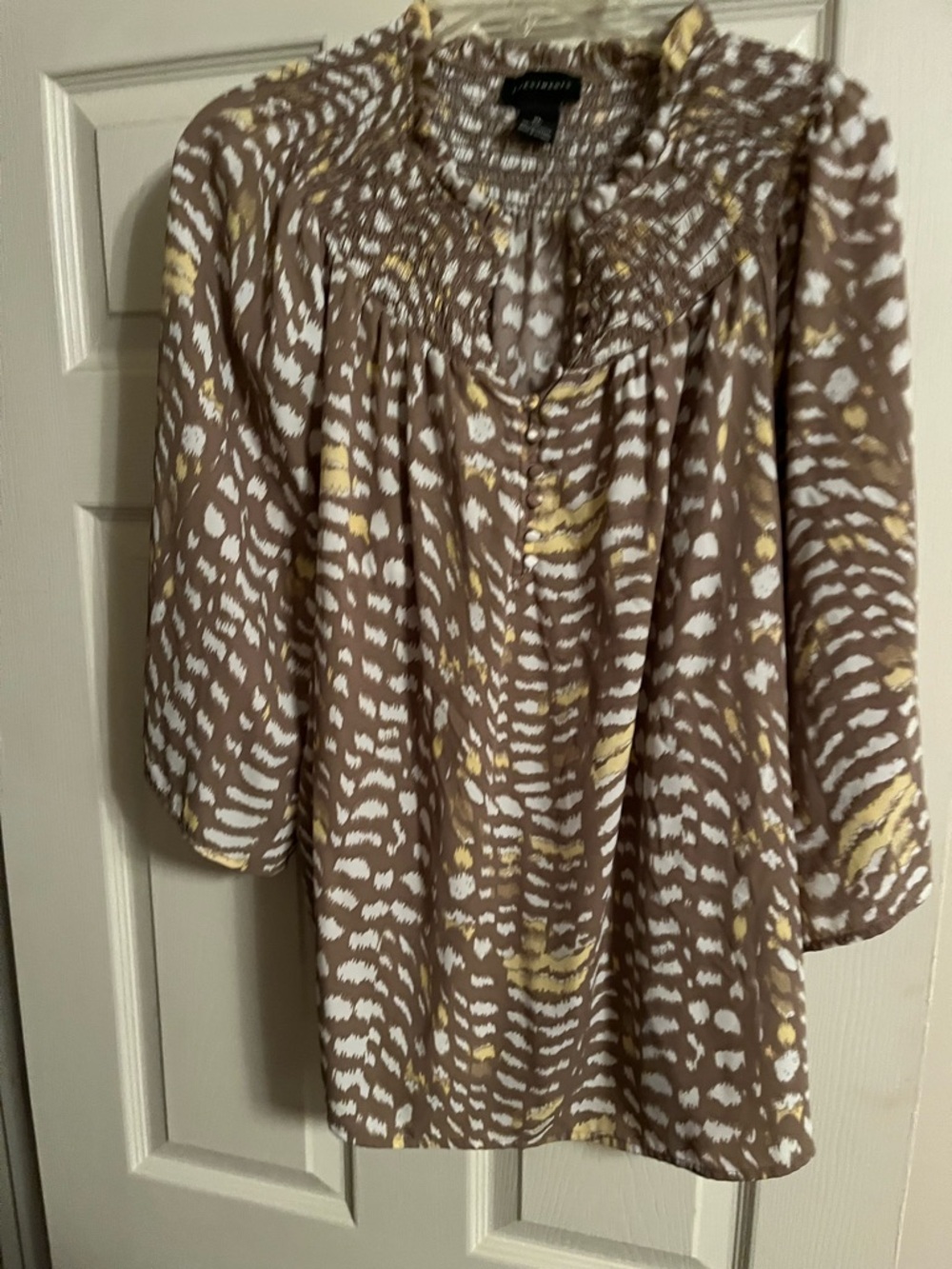 Investments Taupe, White & Pale Yellow Smocked Neck Top